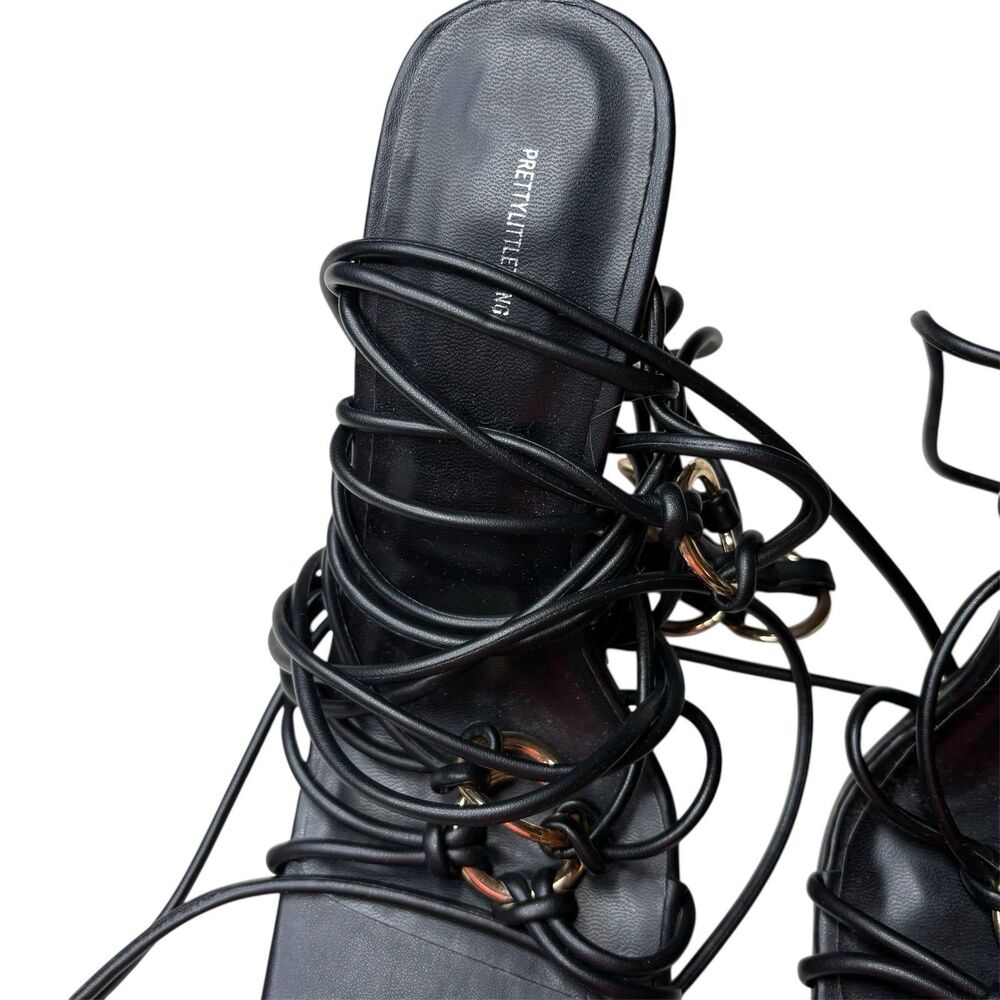 Pretty Little Thing Black Square Toe Stylish Lace Up Silver High Heels 4" Size 6 - Picture 2 of 9